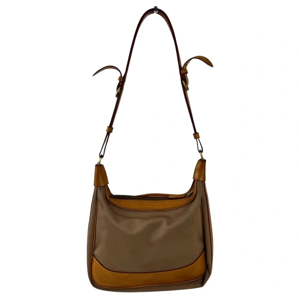VTG Dooney & Bourke Canvas & Leather Hobo Large Crossbody Bag Tan Brown